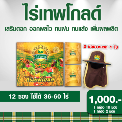 ไร่เทพโกลด์ 1 กล่อง (10 ซอง) แถม 2 ซอง แถม หมวก เสริมดอก ออกผลไว ทนฝน ทนแล้ง เพิ่มผลผลิต