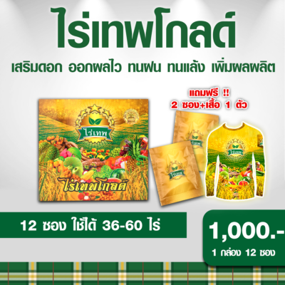 ไร่เทพโกลด์ 1 กล่อง (10 ซอง) แถม 2 ซอง แถม เสื้อไร่เทพโกลด์ เสริมดอก ออกผลไว ทนฝน ทนแล้ง เพิ่มผลผลิต