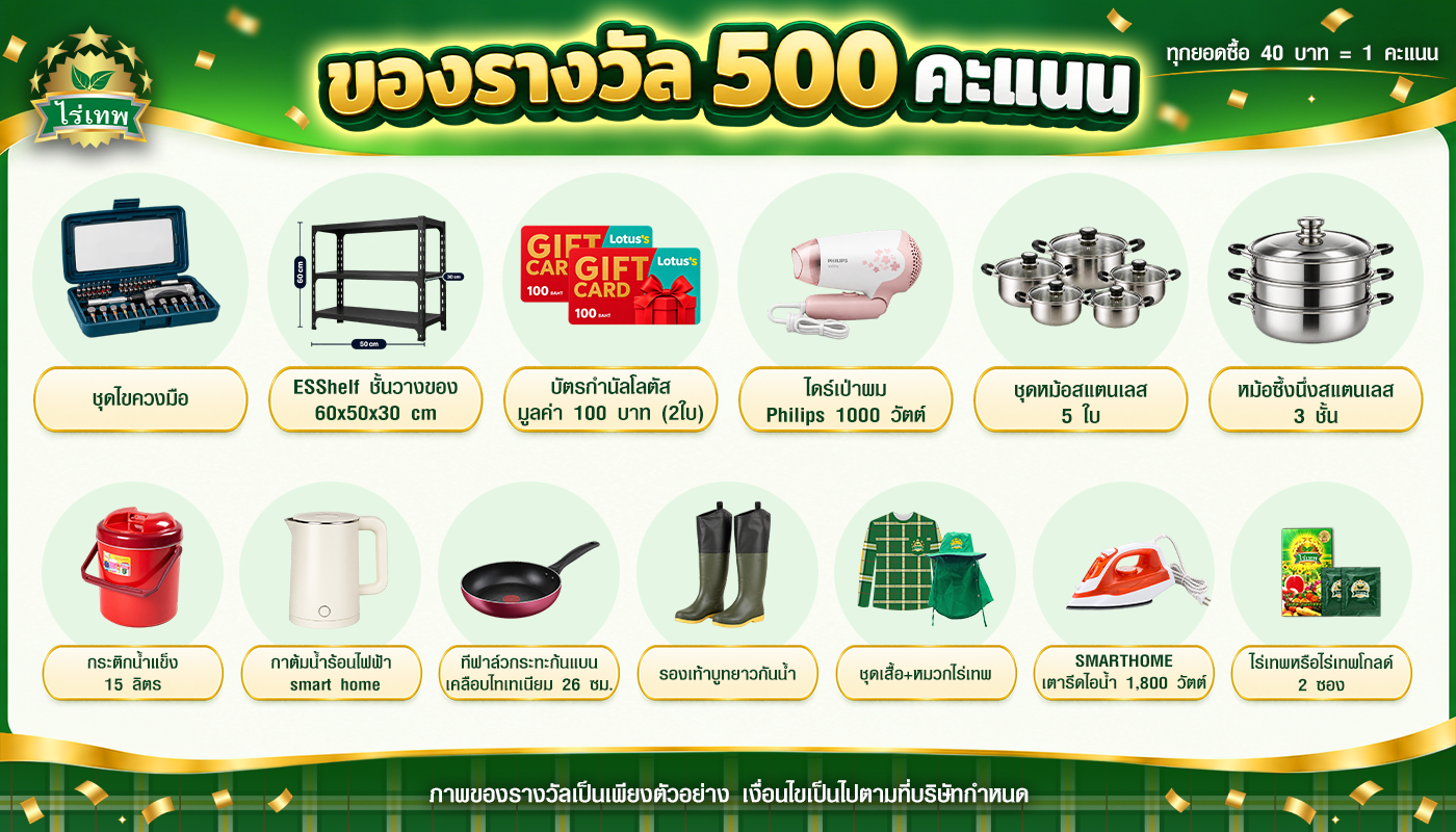 ของรางวัล 500 คะแนน: ชุดไขควงมือ, ชั้นวางของ ESShelf, บัตรกำนัลโลตัส 100 บาท 2 ใบ, ไดร์เป่าผม Philips 1000 วัตต์, ชุดหม้อสแตนเลส 5 ใบ, หม้อซึ้งนึ่ง 3 ชั้น, กระติกน้ำแข็ง 15 ลิตร, กาต้มน้ำ Smart Home, กระทะเคลือบไทเทเนียม 26 ซม., รองเท้าบูทยาว, ชุดเสื้อ+หมวกไร่เทพ, เตารีดไอน้ำ Smarthome, ไร่เทพหรือไร่เทพโกลด์ 2 ซอง