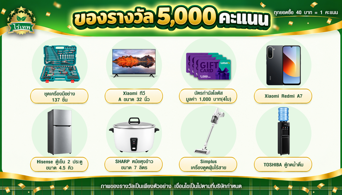 ของรางวัล 5,000 คะแนน: ชุดเครื่องมือช่าง 137 ชิ้น, ทีวี Xiaomi 32 นิ้ว, บัตรกำนัลโลตัส 4,000 บาท, Xiaomi Redmi A7, ตู้เย็น Hisense 2 ประตู, หม้อหุงข้าว Sharp 7 ลิตร, เครื่องดูดฝุ่นไร้สาย Simplus, ตู้กดน้ำดื่ม Toshiba